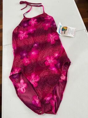 NWT Halter One-Piece Bright Fuchsia Floral Built in Bra No Underwire Tropical 16